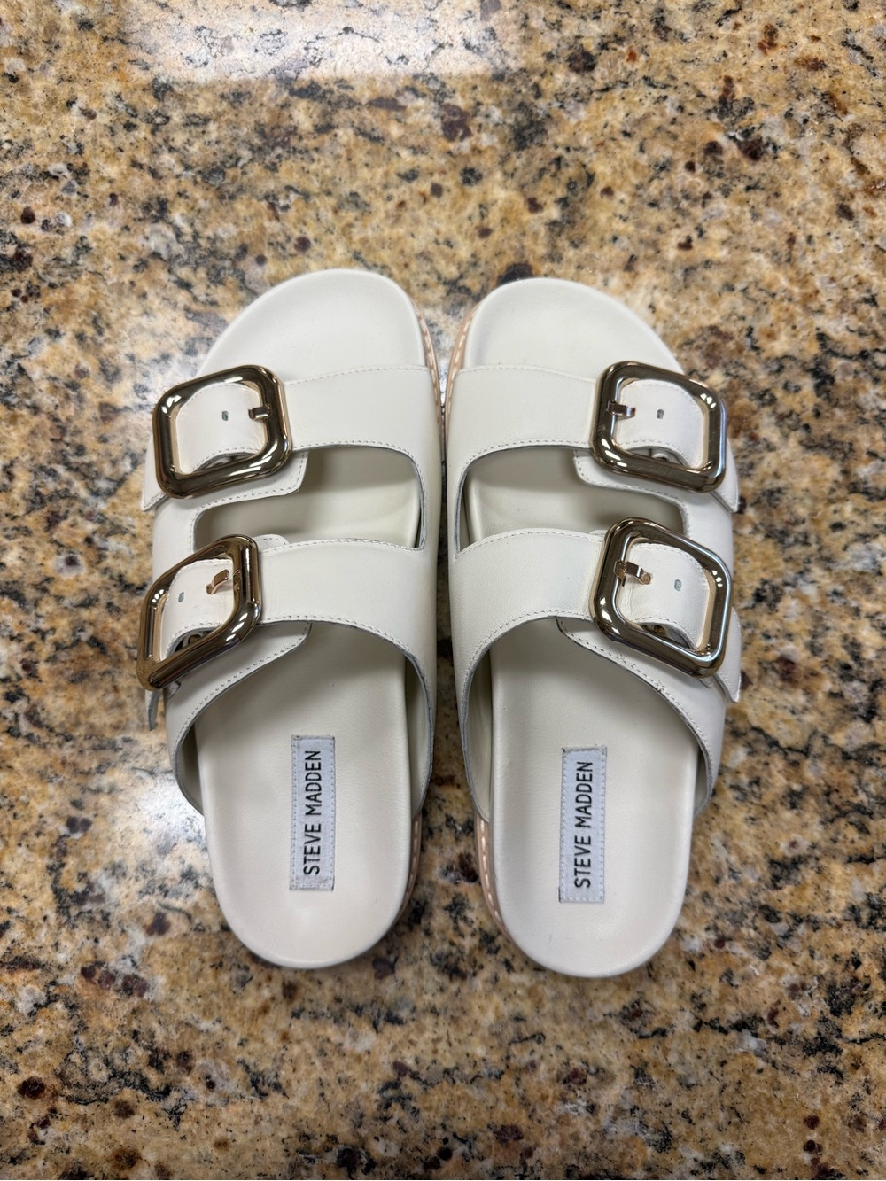Steve Madden Cream Double Buckle Slide Sandals with Gold Hardware